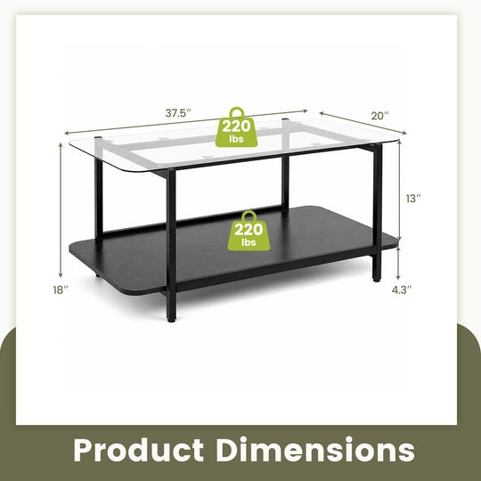 2-Tier Tempered Glass Coffee Table with Storage Shelf-Black