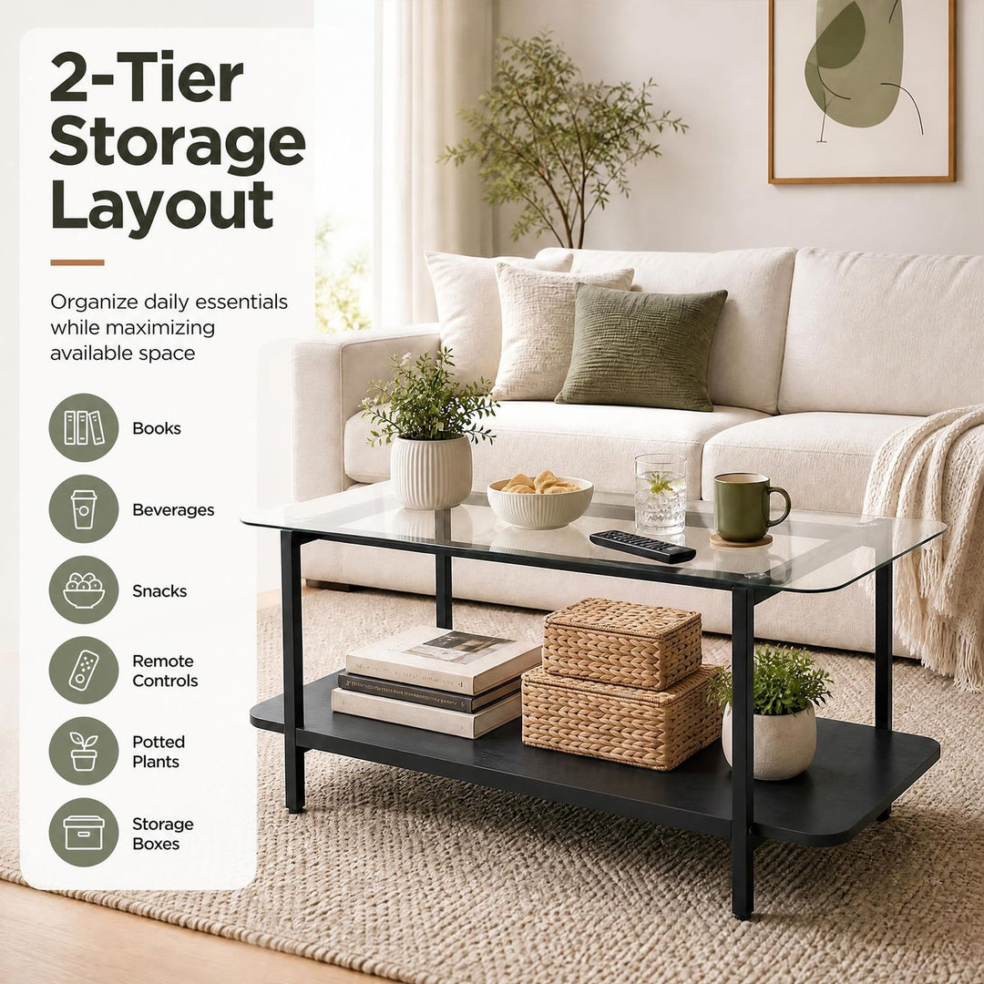 2-Tier Tempered Glass Coffee Table with Storage Shelf-Black
