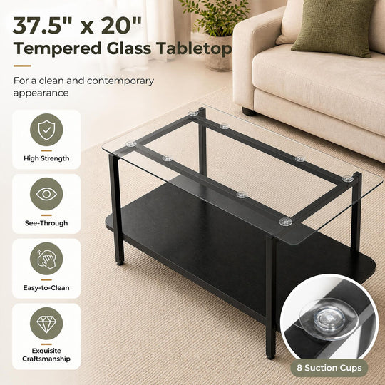 2-Tier Tempered Glass Coffee Table with Storage Shelf-Black
