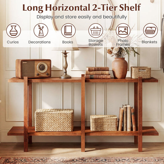 2-Tier Wood Bookshelf Low Horizontal Rubberwood Bookcase for Display-Walnut