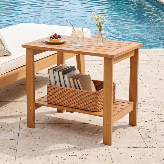 2-Tier Eucalyptus Wood Patio End Table with Storage Shelf