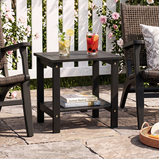 2-Tier Eucalyptus Wood Patio End Table with Storage Shelf