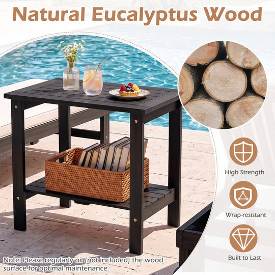 2-Tier Eucalyptus Wood Patio End Table with Storage Shelf