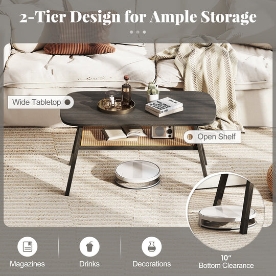 2-Tier Rectangular Center Coffee Table with Rattan Storage Shelf and Rubber Wood Legs-Dark Gray