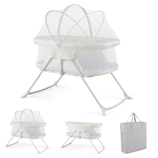 2 in 1 Baby Bassinet with Rocking Motion Foldable Bedside Sleeper with Breathable Mesh