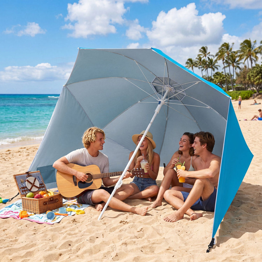 Beach Shelter Umbrella with Side Panels UPF 50+ 6.5 ft