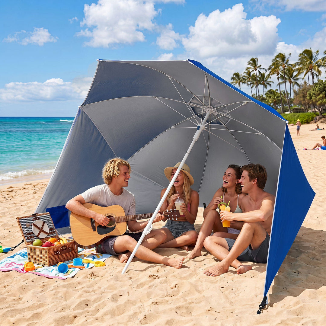 Beach Shelter Umbrella with Side Panels UPF 50+ 6.5 ft