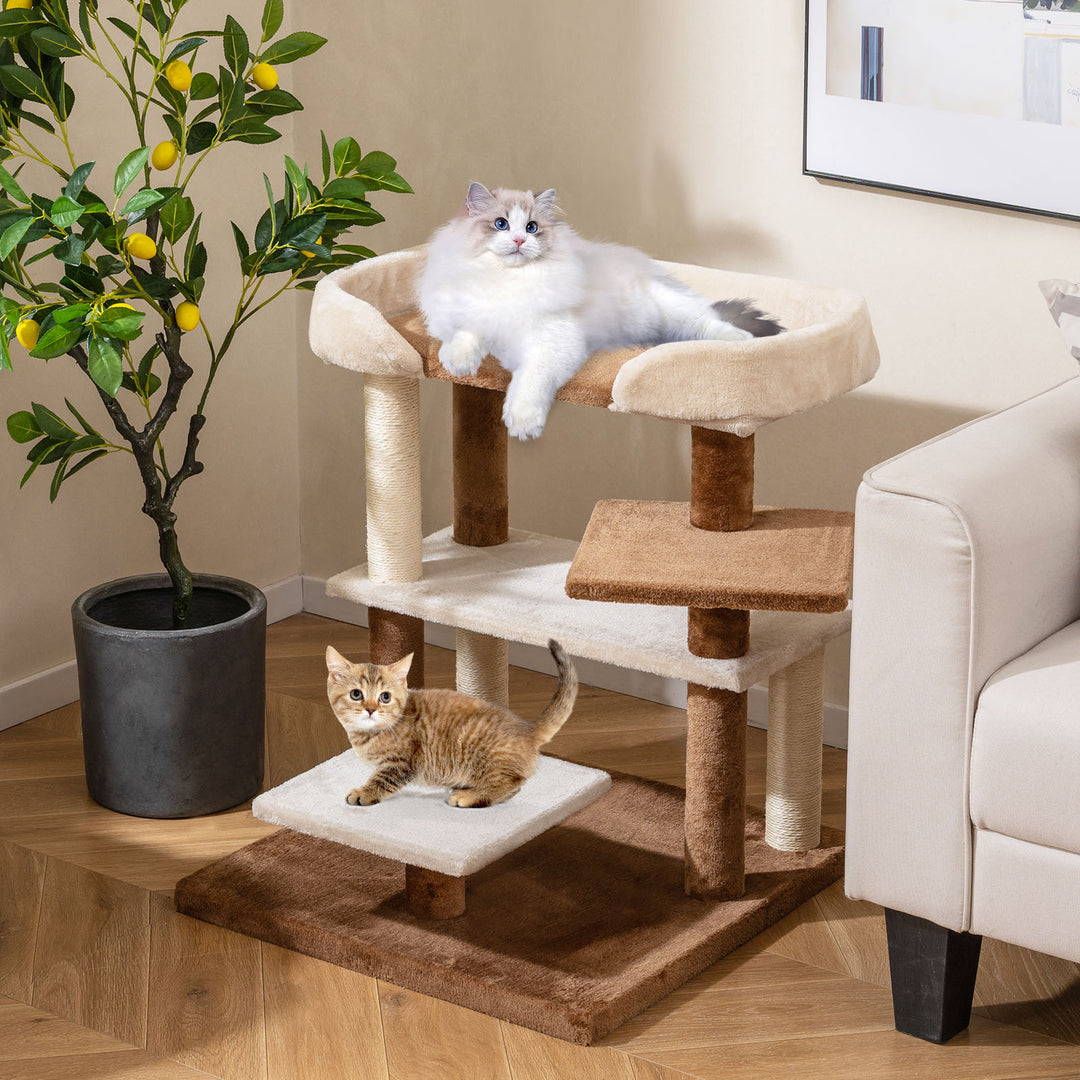 2-in-1 Cat Tree Tower Pet Steps with Sisal Scratching Posts and 4 Large Platforms-Brown