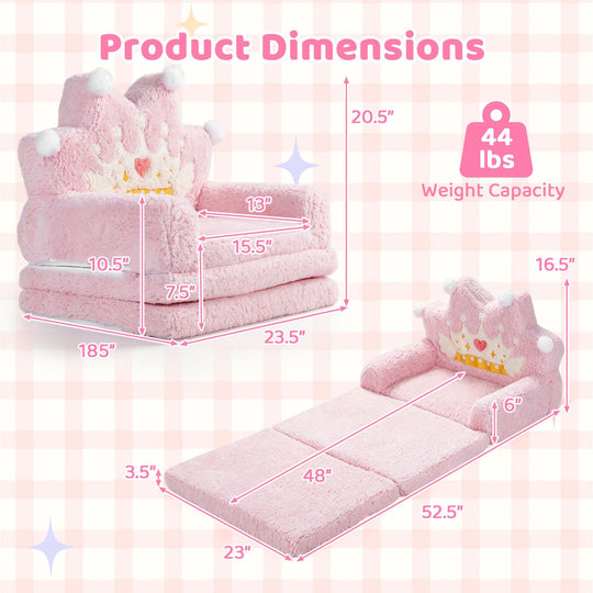 2-in-1 Foldable Kids Sofa Bed with Washable Removable Slipcover for Toddlers-Pink