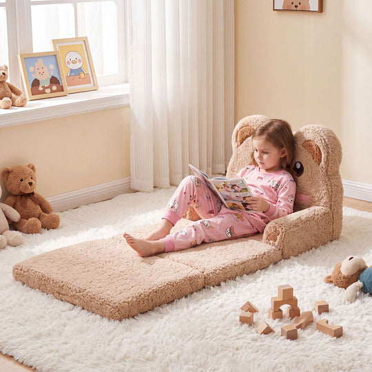 2-in-1 Foldable Kids Sofa Bed with Washable SlipcoverBear and Printed Designs for Toddlers-Brown