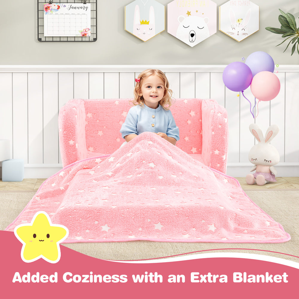 2-in-1 Folding Kids Couch with Blanket Glow in the Dark-Pink