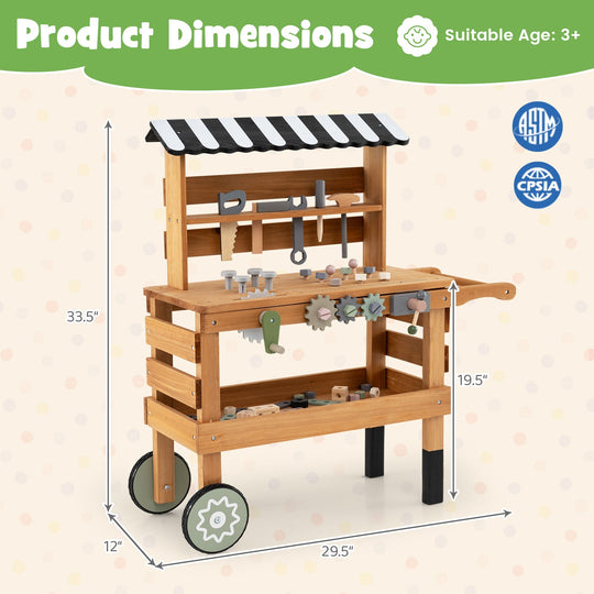 2-in-1 Kids Rolling Cart with Play Tools Set for Construction Play-Brown