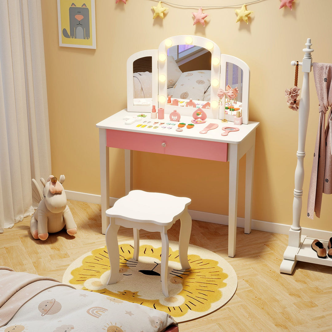 2-in-1 Kids Vanity Table Set with Tri-Folding Detachable Mirror and Lights