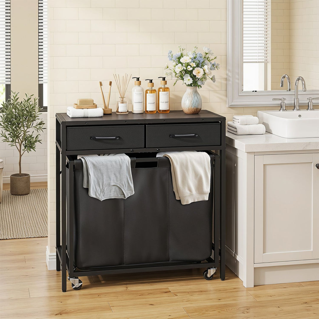 2-in-1 Laundry Basket Organizer with 2 Removable Fabric Drawers 3 Sections and Wheels
