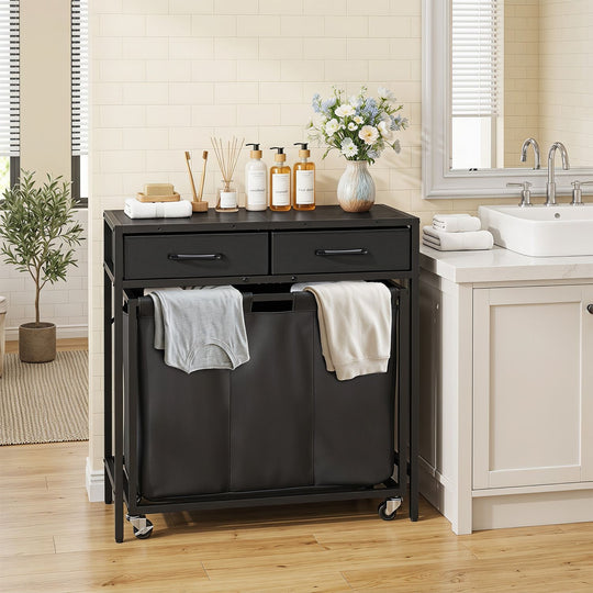 2-in-1 Laundry Basket Organizer with 2 Removable Fabric Drawers 3 Sections and Wheels