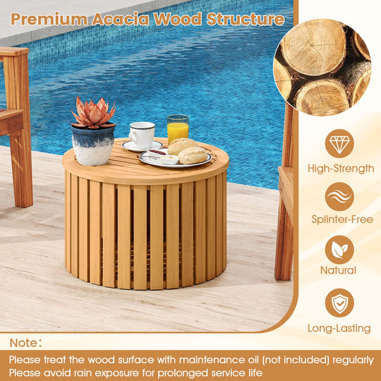 2-in-1 Outdoor Side Table with Storage Acacia Wood Slatted Coffee Table Square and Round Slatted End Storage Box