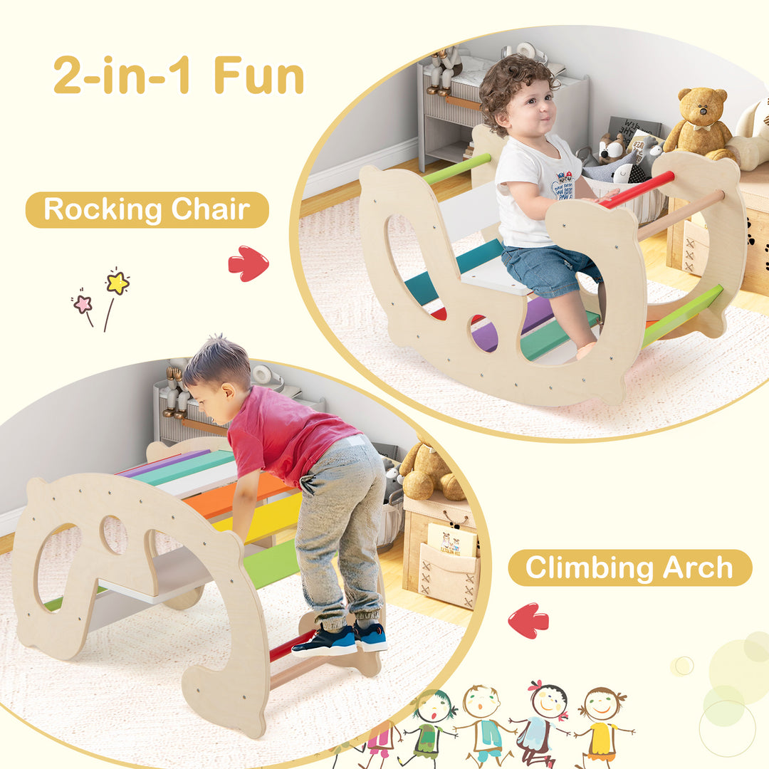 2-in-1 Rocking Horse Arch for Kids Montessori Climbing Toys with Arch Climber-Multicolor