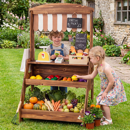 2-in-1 Wooden Mud Kitchen & Market Stand with Planter Box