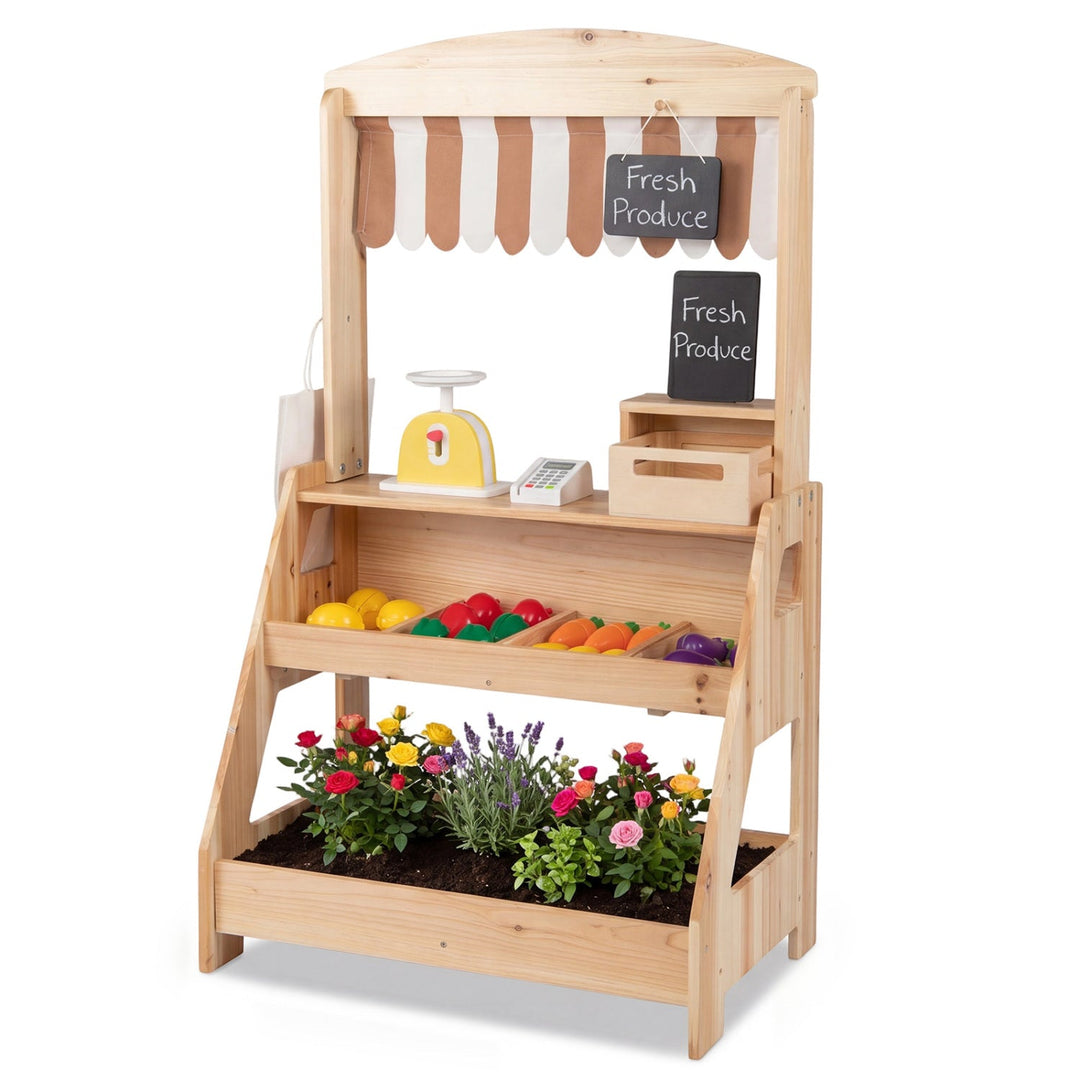 2-in-1 Wooden Mud Kitchen & Market Stand with Planter Box