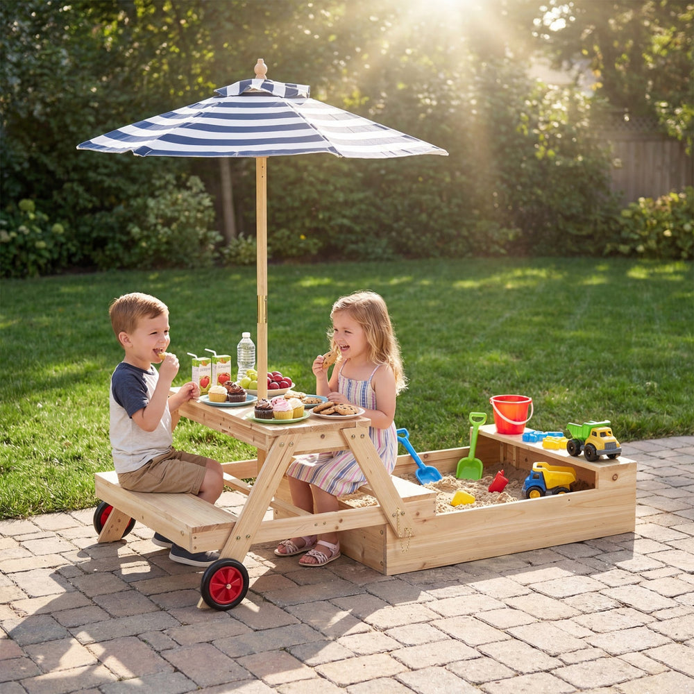 2-in-1 Wooden Sandbox with Foldable Umbrella and Convertible Picnic Table