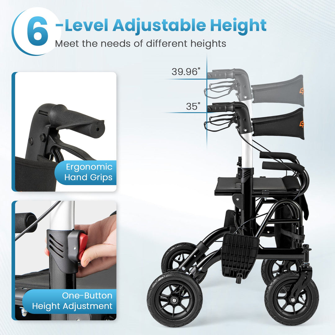 2-in-1 Foldable Rollator Walker with Seat abd 9 Inch Pneumatic Tires for Seniors