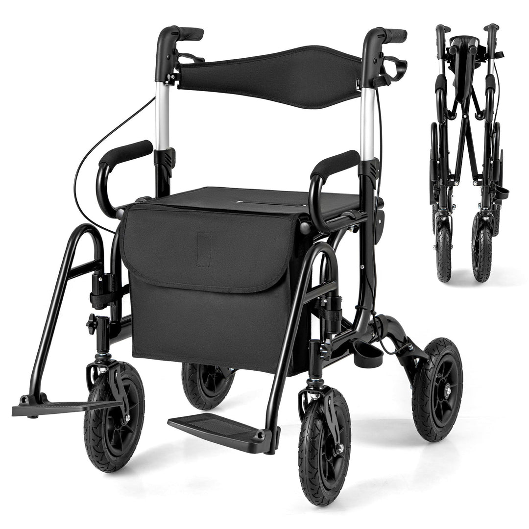 2-in-1 Foldable Rollator Walker with Seat abd 9 Inch Pneumatic Tires for Seniors