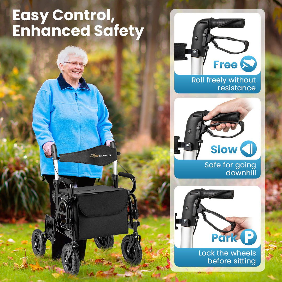 2-in-1 Foldable Rollator Walker with Seat abd 9 Inch Pneumatic Tires for Seniors