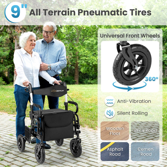 2-in-1 Foldable Rollator Walker with Seat abd 9 Inch Pneumatic Tires for Seniors
