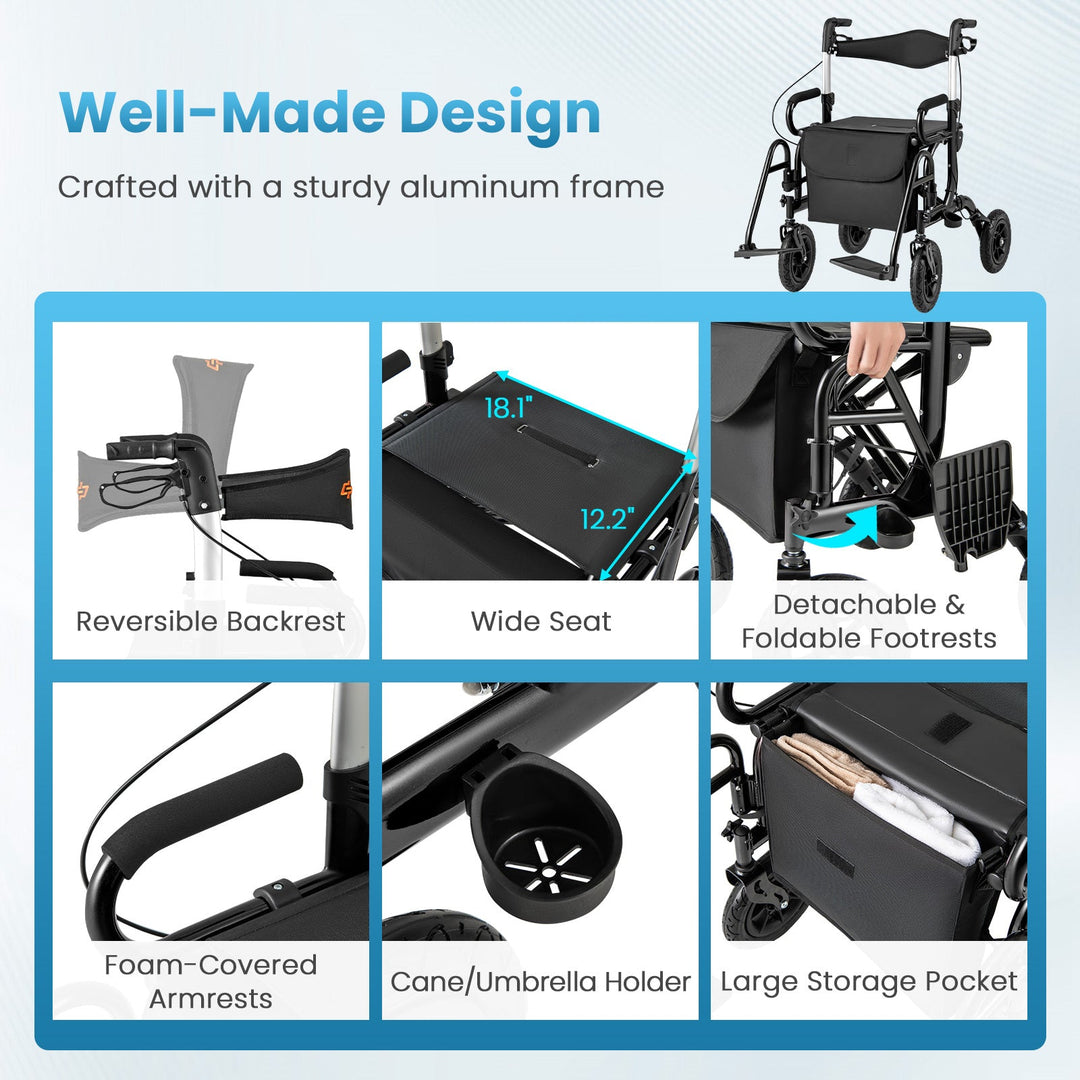 2-in-1 Foldable Rollator Walker with Seat abd 9 Inch Pneumatic Tires for Seniors