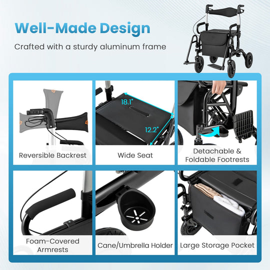 2-in-1 Foldable Rollator Walker with Seat abd 9 Inch Pneumatic Tires for Seniors