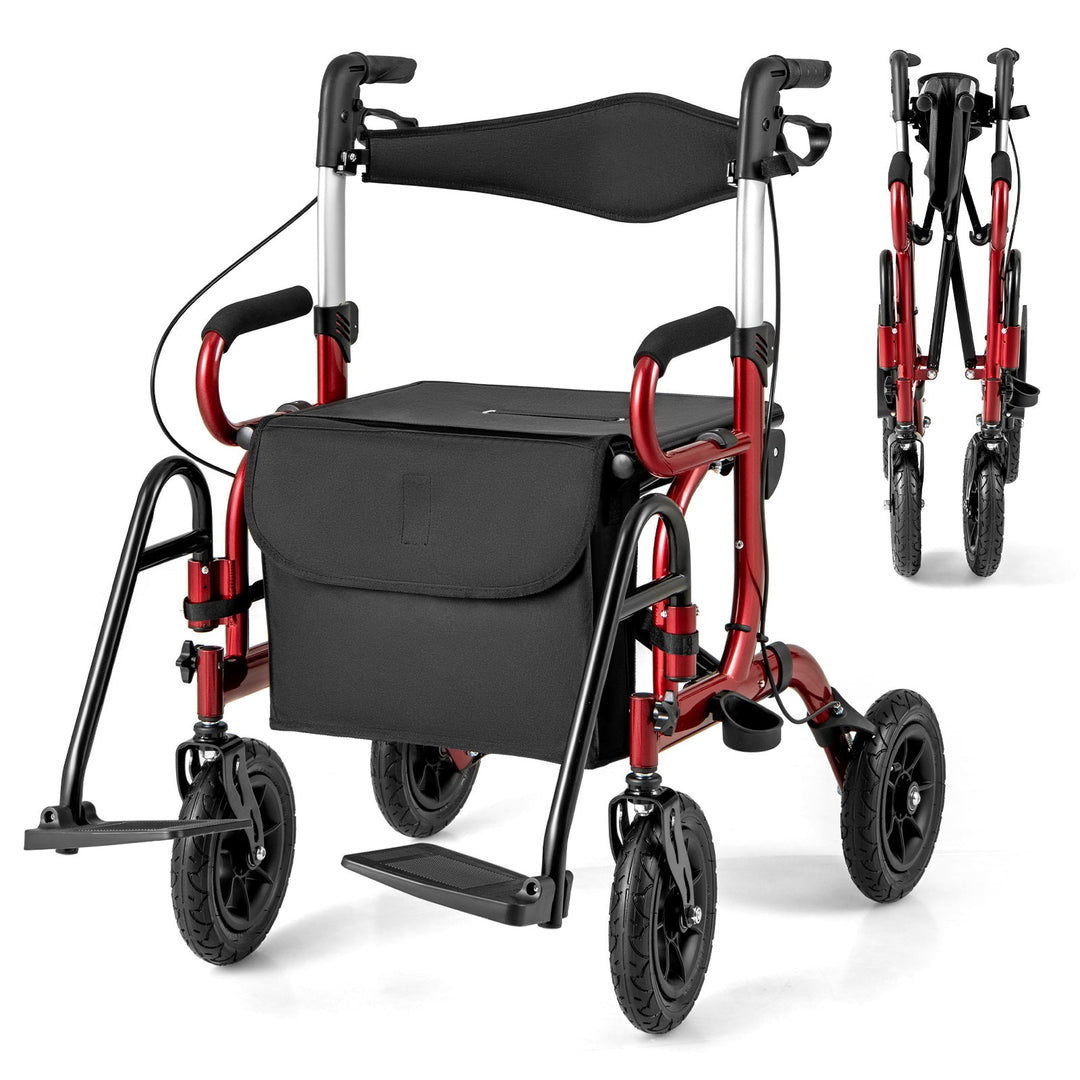2-in-1 Foldable Rollator Walker with Seat abd 9 Inch Pneumatic Tires for Seniors