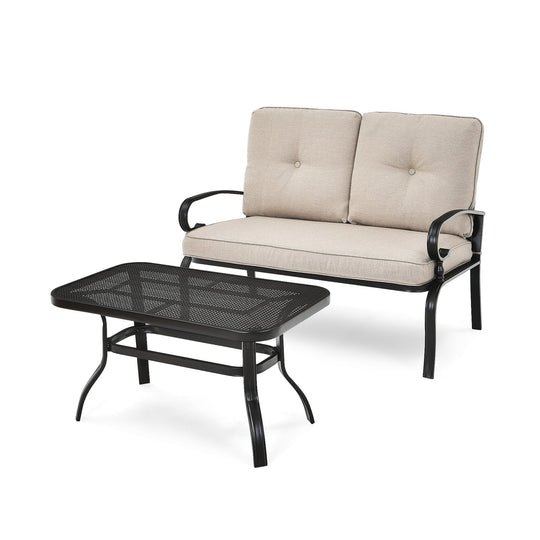 2 Pieces Patio Loveseat Bench Table Furniture Set with Cushioned Chair-Blue