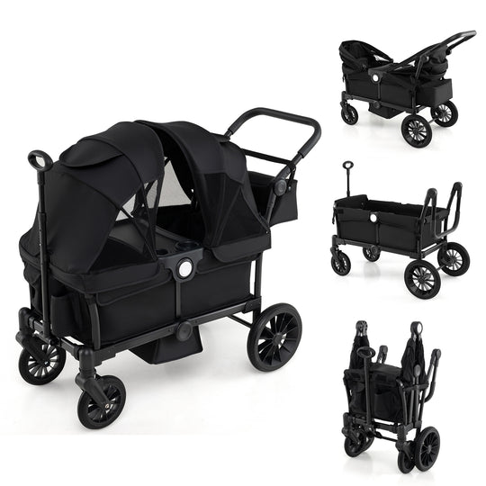 2 Seater Push Pull Collapsible Kids Wagon Stroller with Adjustable Handlebars-Black