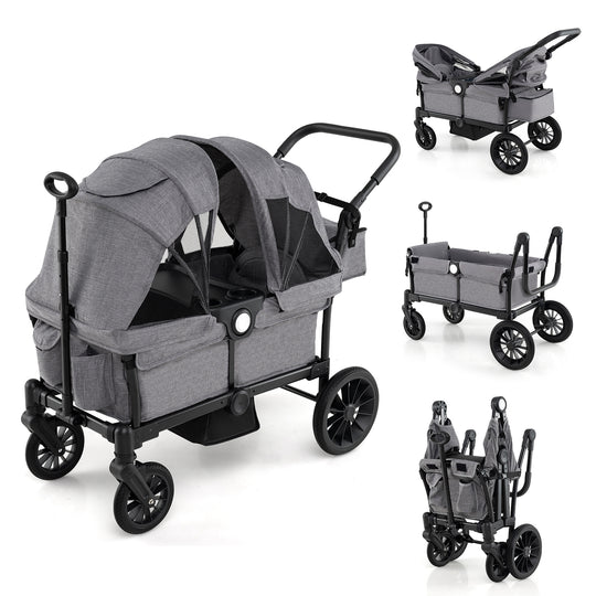 2 Seater Push Pull Collapsible Kids Wagon Stroller with Adjustable Handlebars-Gray