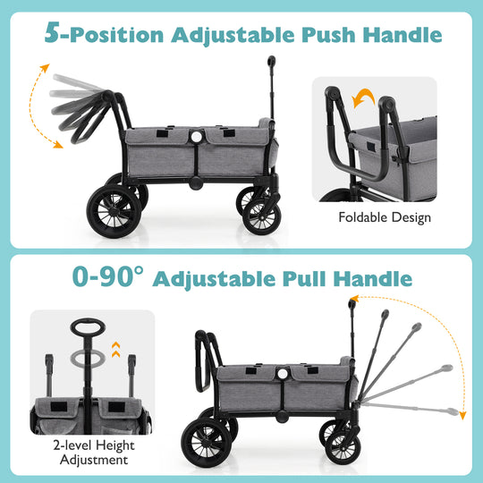 2 Seater Push Pull Collapsible Kids Wagon Stroller with Adjustable Handlebars-Gray