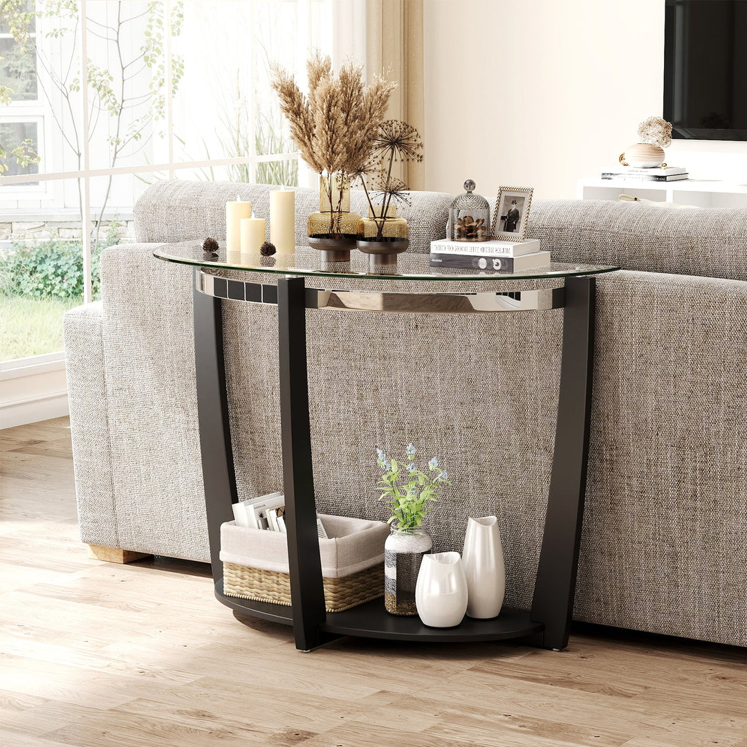 2-tier Tempered Glass Console Table with Clear Glass Top and Open Shelf