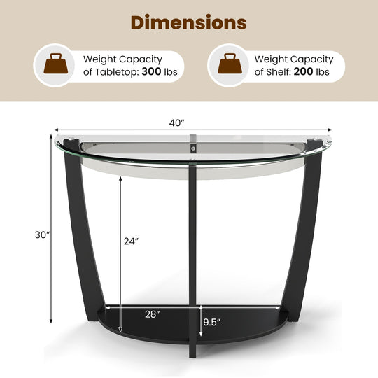 2-tier Tempered Glass Console Table with Clear Glass Top and Open Shelf