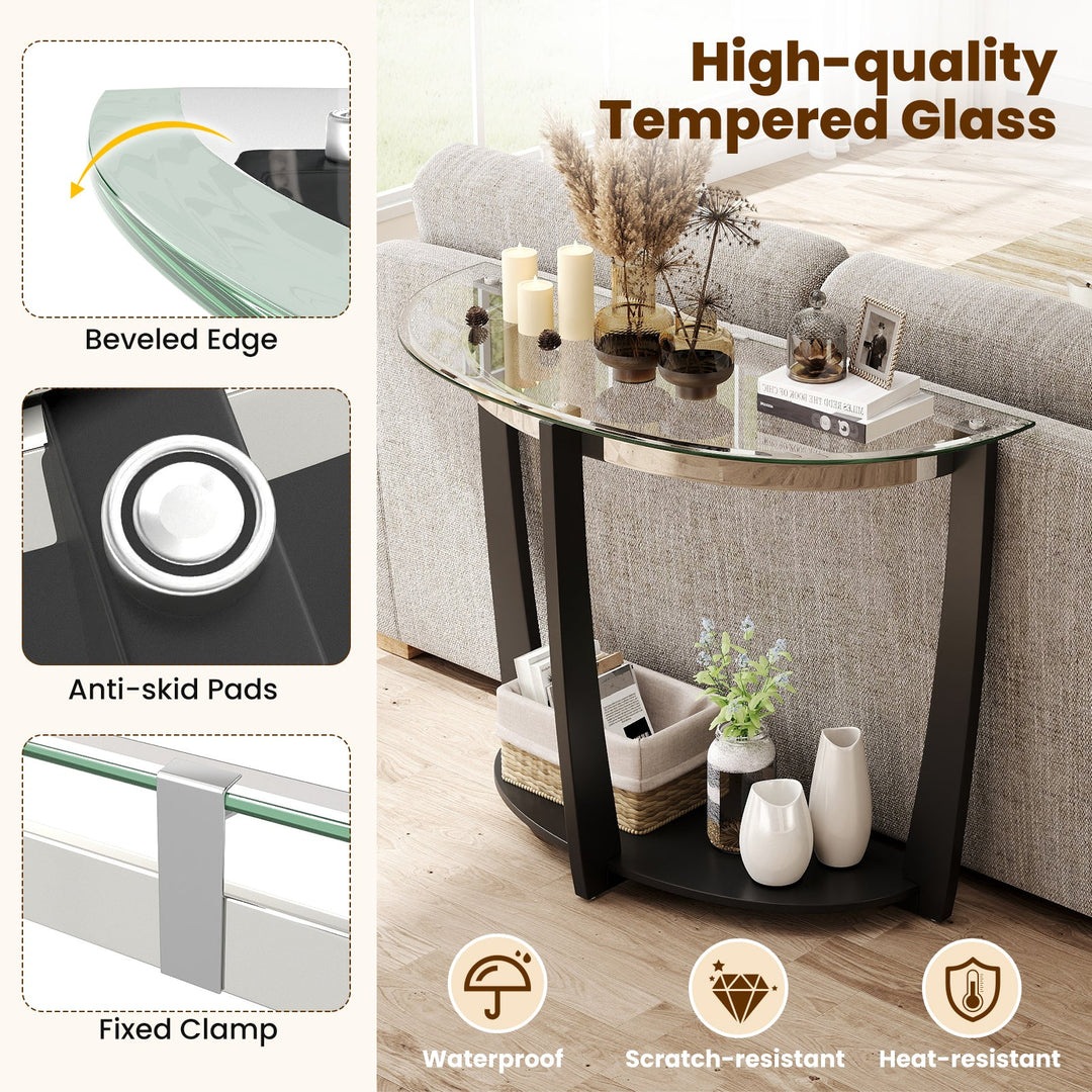 2-tier Tempered Glass Console Table with Clear Glass Top and Open Shelf