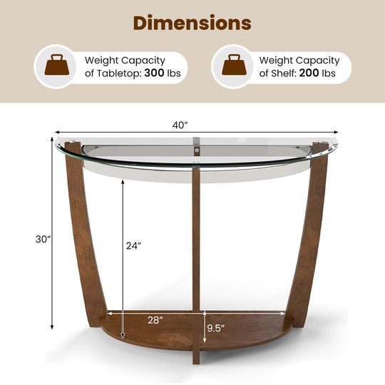 2-tier Tempered Glass Console Table with Clear Glass Top and Open Shelf