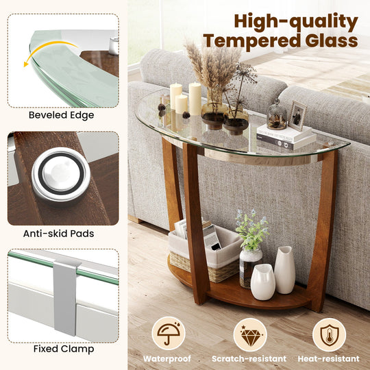 2-tier Tempered Glass Console Table with Clear Glass Top and Open Shelf