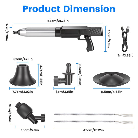 Electric Toilet Plunger with Air Pressure Gauge & 3 Heads