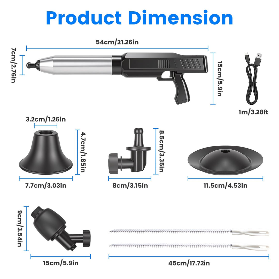Electric Toilet Plunger with Air Pressure Gauge & 3 Heads