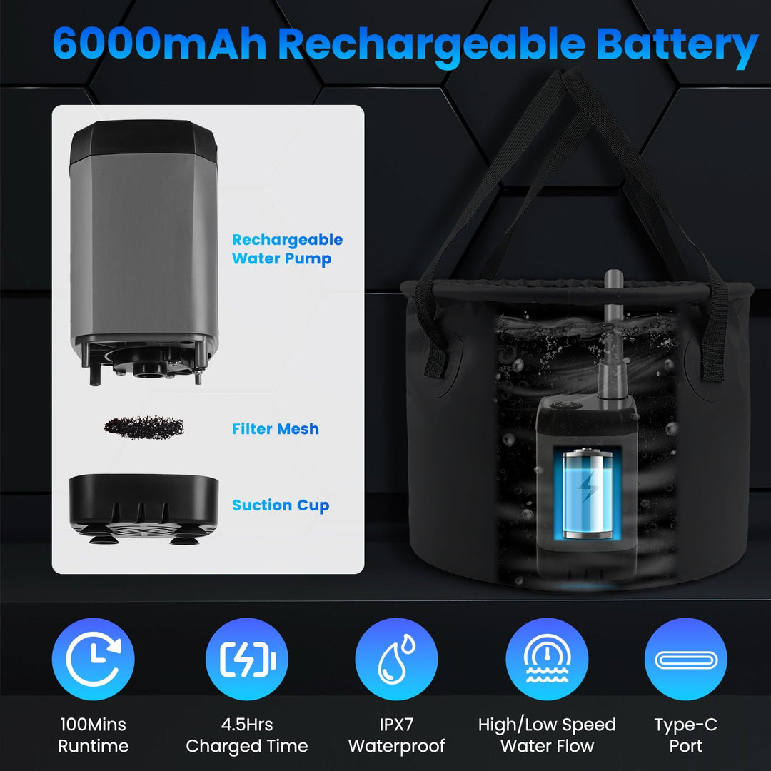 Portable Shower for Camping Include IPX7 Waterproof 6000mAh Rechargeable Shower Pump Filtered Shower Head 5.3Gallon Foldable Bucket For Hiking Beach T