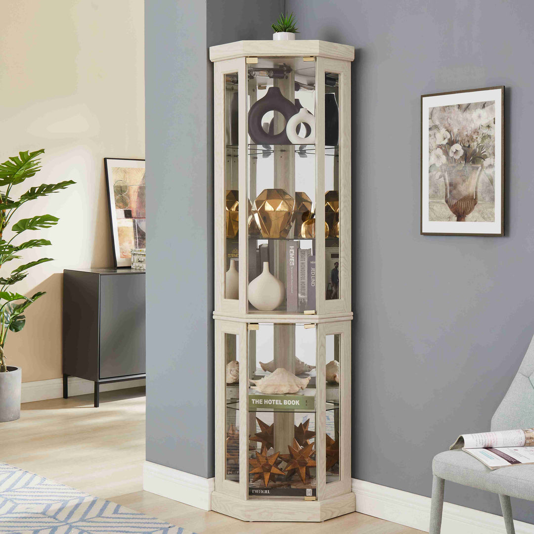 5-Tier Lighted Corner Curio Display Cabinet Adjustable Glass Display Case with Light Bulb Anti-Tipping Hardware for Coll
