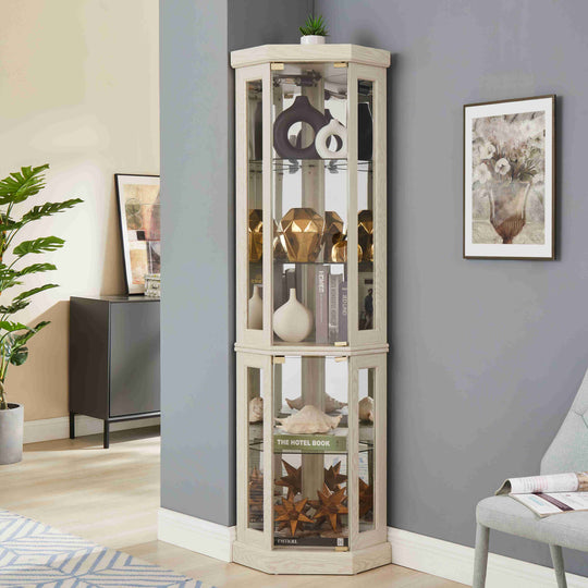 5-Tier Lighted Corner Curio Display Cabinet Adjustable Glass Display Case with Light Bulb Anti-Tipping Hardware for Coll