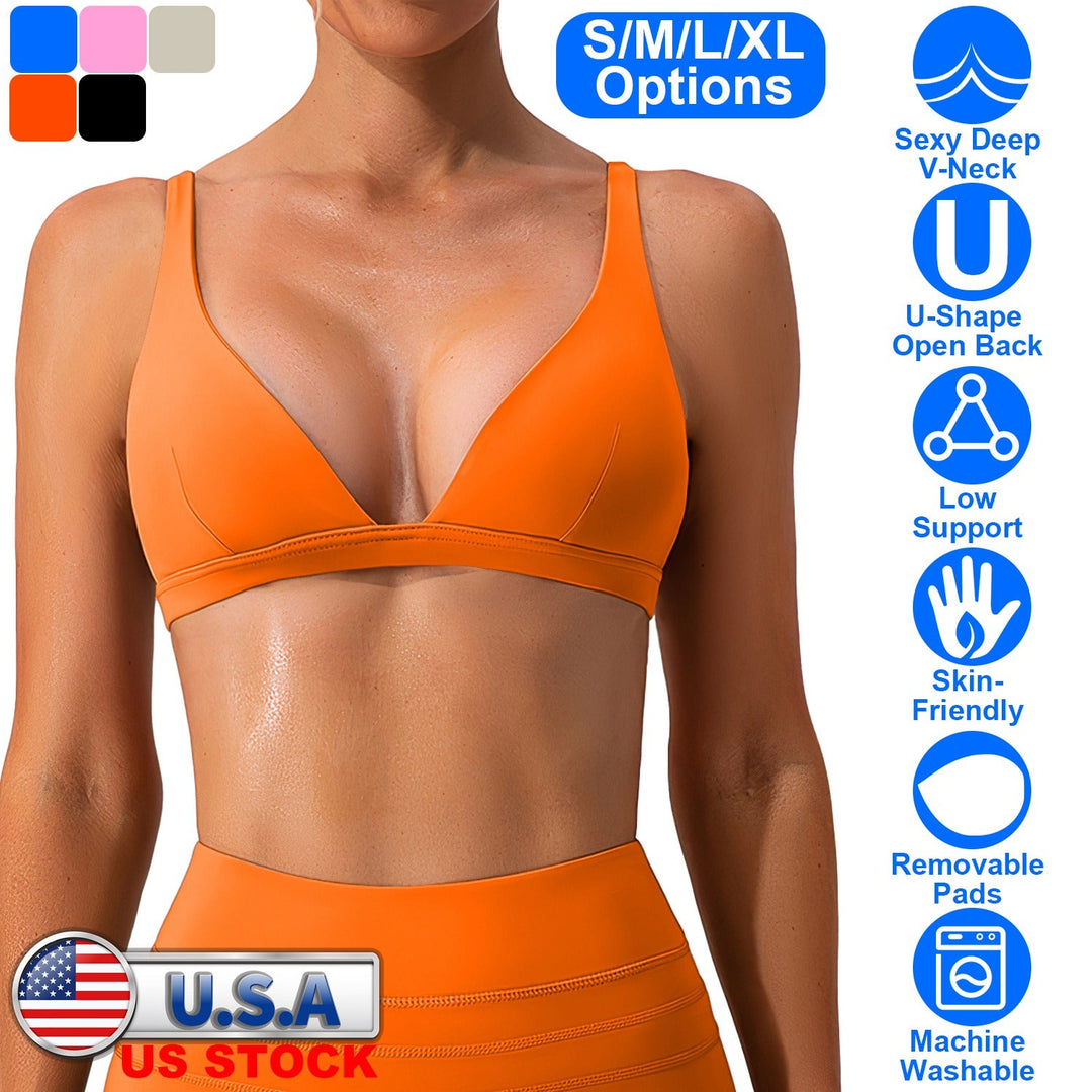 Women Deep V-Neck Sports Bras U-Shaped Back Sport Bras Padded StrappyÊCrop Open Back Low Impact Bras SexyÊFitnessÊTank Tops with Removable Pads for Gy