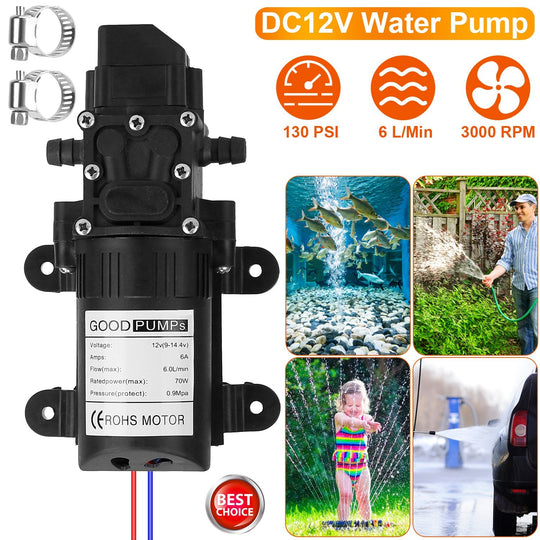 12V Water Pump with 2 Hose Clamps 130PSI Self Priming Sprayer Pump 70W Electric Diaphragm Water Pump 6L/Min for RV Camper Marine Boat