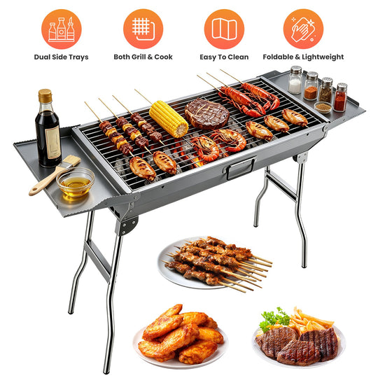 Portable Charcoal Grill with Folding Legs & Side Trays Stainless Steel Outdoor BBQ Grill with Large Cooking Grate Charco