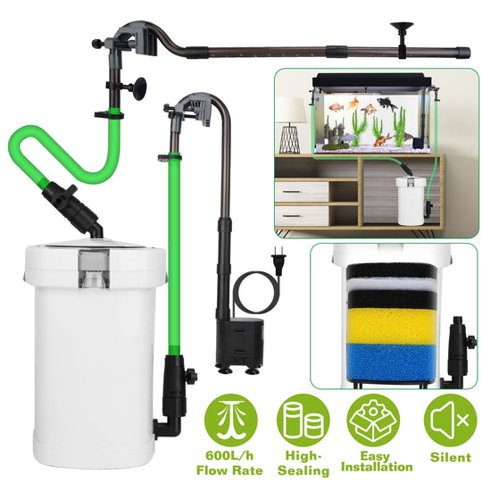 3-Stage External Canister Filter for Aquarium Fish Tank with 600L/H Flow Rate 35.4in Max Height 6W Easy Installation Silent