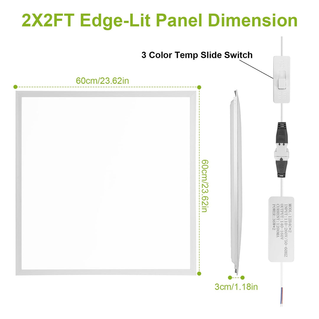 2Pcs 72W 2 2FT LED Panel Light 3800LM Flat Ceiling Light with 3 Lighting Color Temperature Equivalent LED Troffer Recessed Edge-Lit Switchable CCT 110